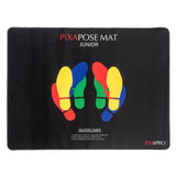 PiXAPOSE Junior posing mat with colourful footprint designs on a black background
