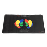 PiXAPOSE Junior posing mat with colourful footprint designs on a black background