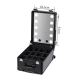 Open PiXAPRO makeup case with storage dividers and illuminated mirror measuring 28.5 × 42 cm