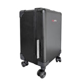 Angled view of the closed PiXAPRO makeup trolley case showing wheels and side connection panel