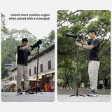 Person using a camera with a YC Onion Windmill Panoramic Head on a monopod in an outdoor setting