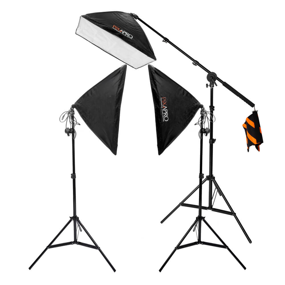 EzyLite 3-CFL Bulbs Softbox Lighting Kit + Boom Arm By PixaPro 