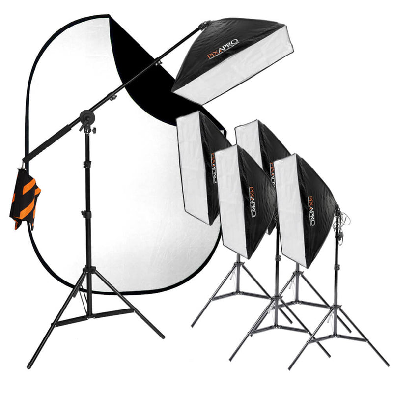 EzyLite Continuous 5 Softbox Kit & Black/White Backdrop - PixaPro 