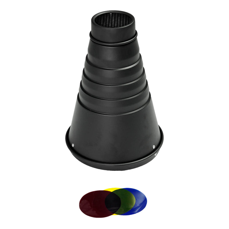 Interchangeable Fitting Conical Snoot With Grid & Gels By Pixapro