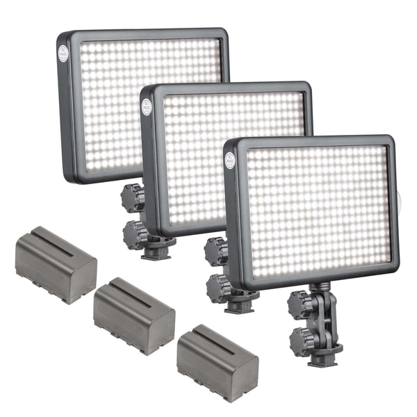 3x LED308D Hot-Shoe LED Video Panels & 3 Batteries By PixaPro 