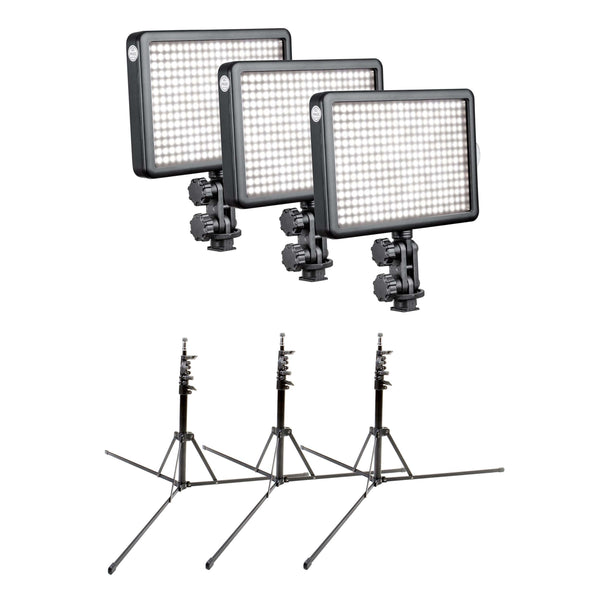 PIXAPRO LED308D LED308 Hot Shoe Video Light Panel Triple Kit with 3×Light Stands