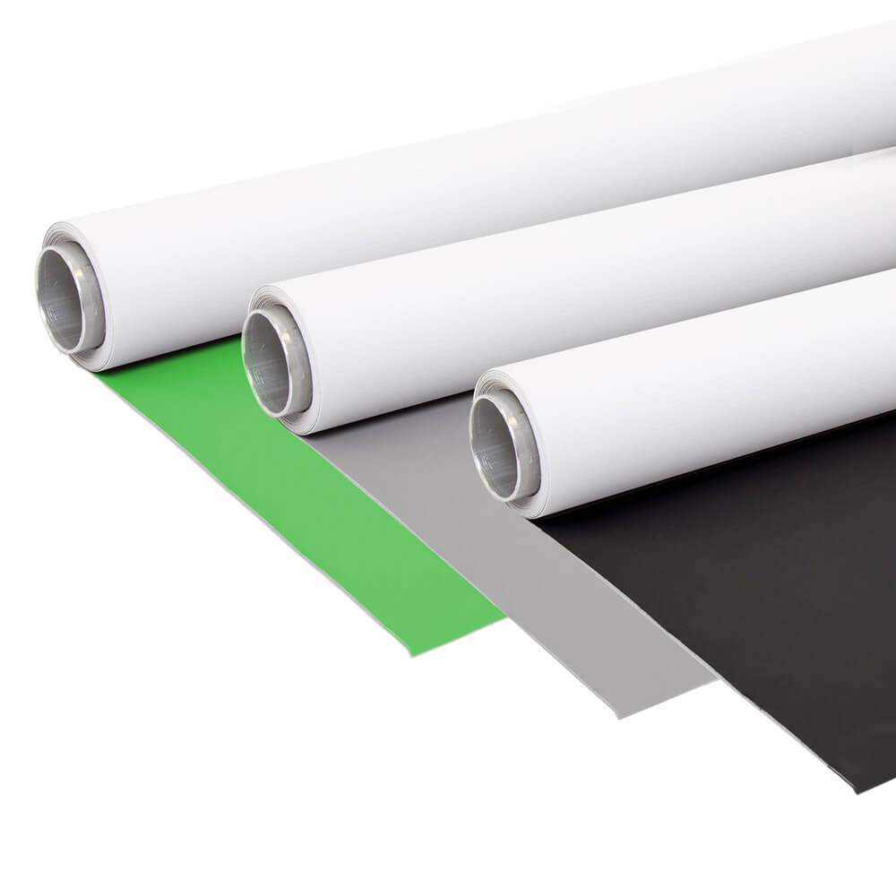 Set of 3 2m x 4m Dual-Sided Vinyl Backgrounds (Black/White, Grey/White and Green/White)