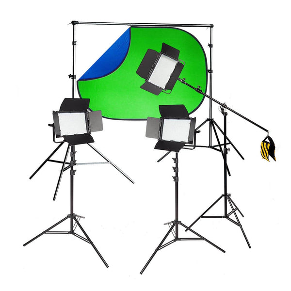 VNIX1000B 3 Head Boom Lighting Kit with Telescopic Background Stand and Blue/Green Collapsible Background (1.5x2.0m)