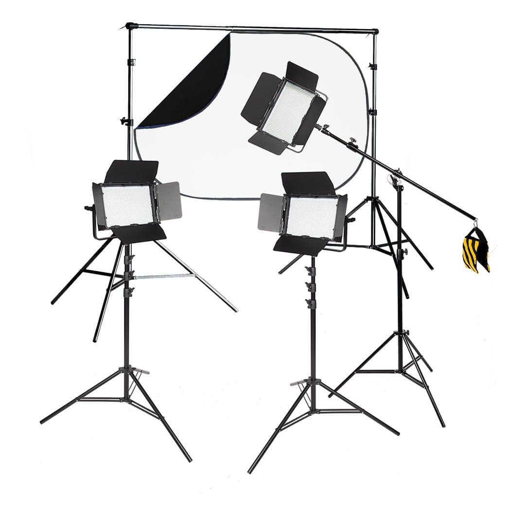 VNIX1000S 3 Head Boom Lighting Kit with Telescopic Background Stand and Black/White Collapsible Background (1.5x2.0m)