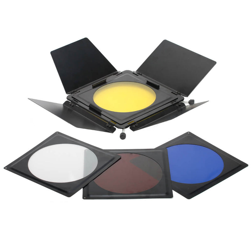Universal Barn Door Photography Lighting Set with Gels and Grid 