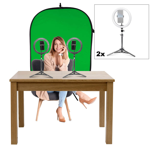 Twin 10" Ring Light Lighting Kit & Chroma-Key Green Backdrop 