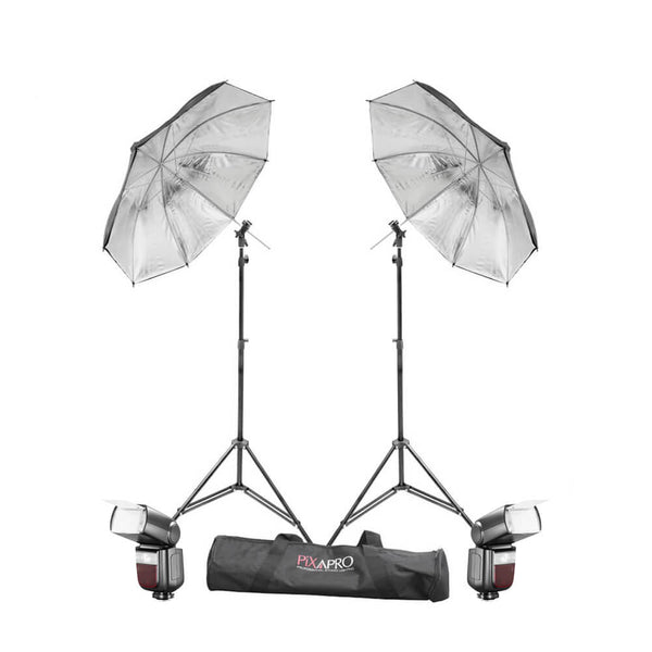 2 x Li-ION580 MKIII Speedlite and Black/Sliver Umbrella - PixaPro 
