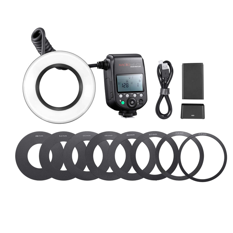 MF-R76 Macro Ring Flash with 8 Adapter Rings, Adjustment 1/128 to 1/1, Rechargeable Lithium Battery