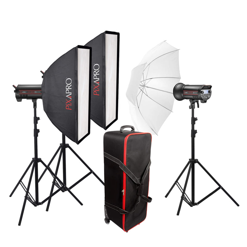 STORM400 MKIII 3 Flash Umbrella & Softbox Kit with Roller Case