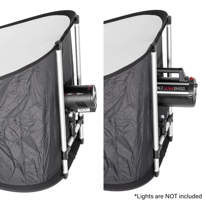 Two examples of the Pixapro 70x100cm Floor softbox, with a flash inserted into the back of them.