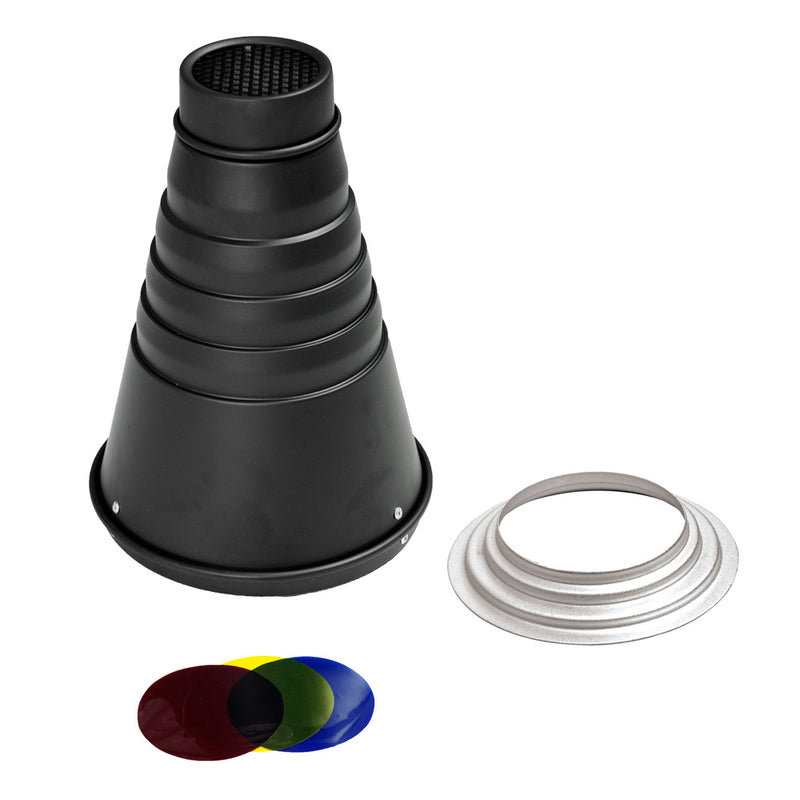 Interchangeable Fitting Conical Snoot With Honeycomb Grid & Gels For Hensel