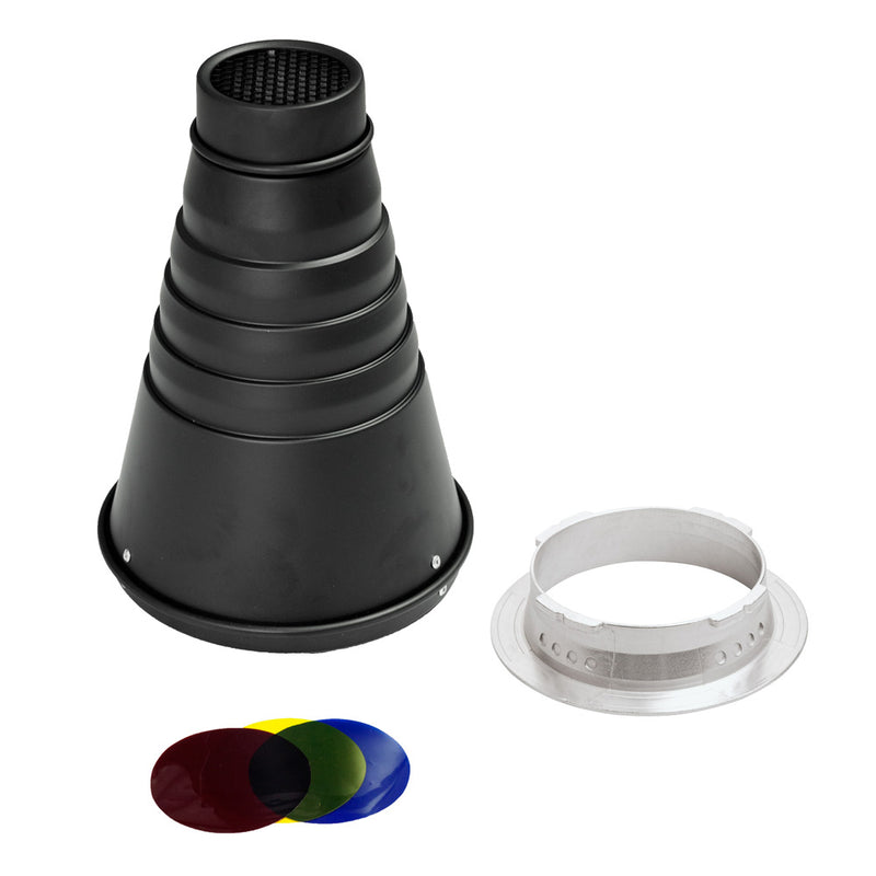 Interchangeable Fitting Conical Snoot With Honeycomb Grid & Gels For Multiblitz V-Type 