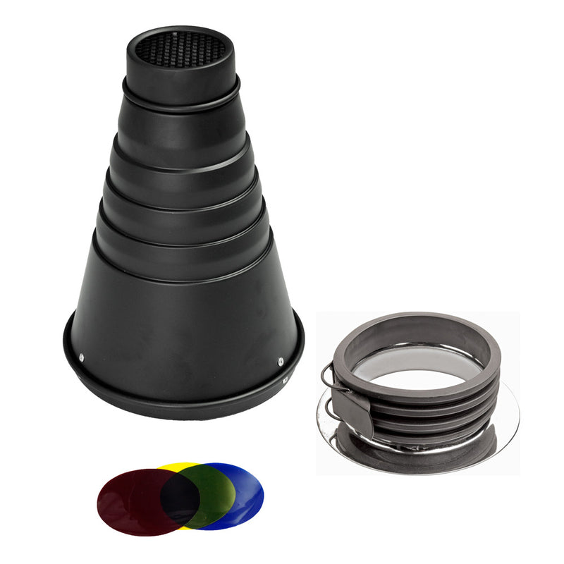 Interchangeable Fitting Conical Snoot With Honeycomb Grid & Gels  For Profoto